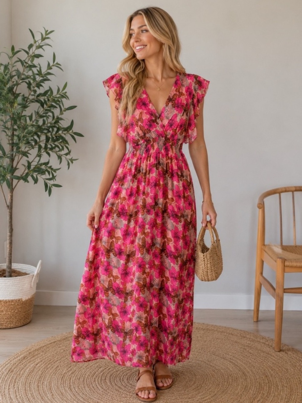 Le Ragazze Pink Floral Butterfly Flutter Sleeve Silk Maxi Dress XL
